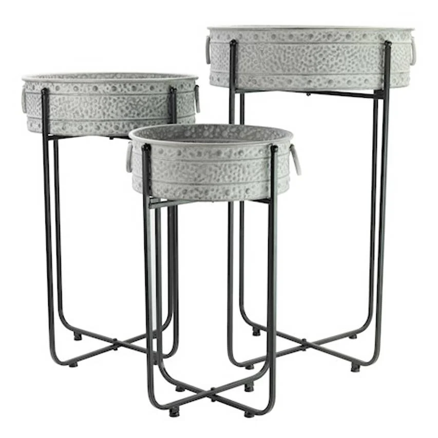 Low planters with stands, antique galvanised - set of 3