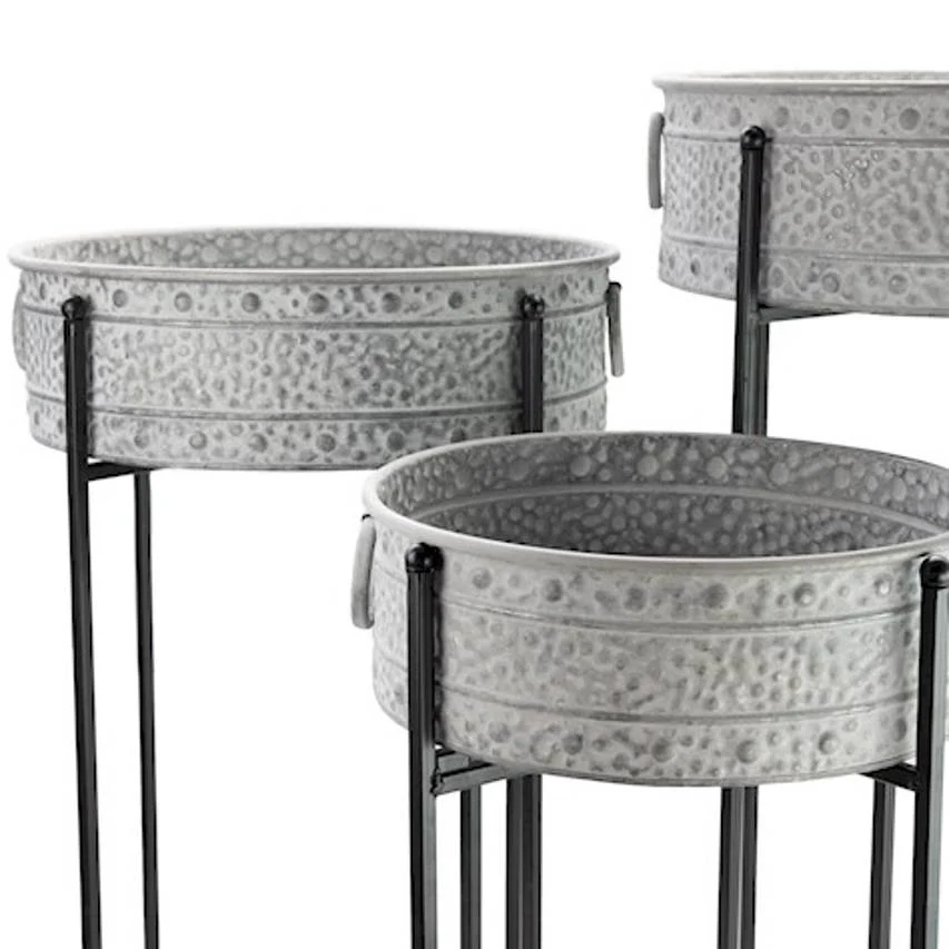 Low planters with stands, antique galvanised - set of 3 - Image 2