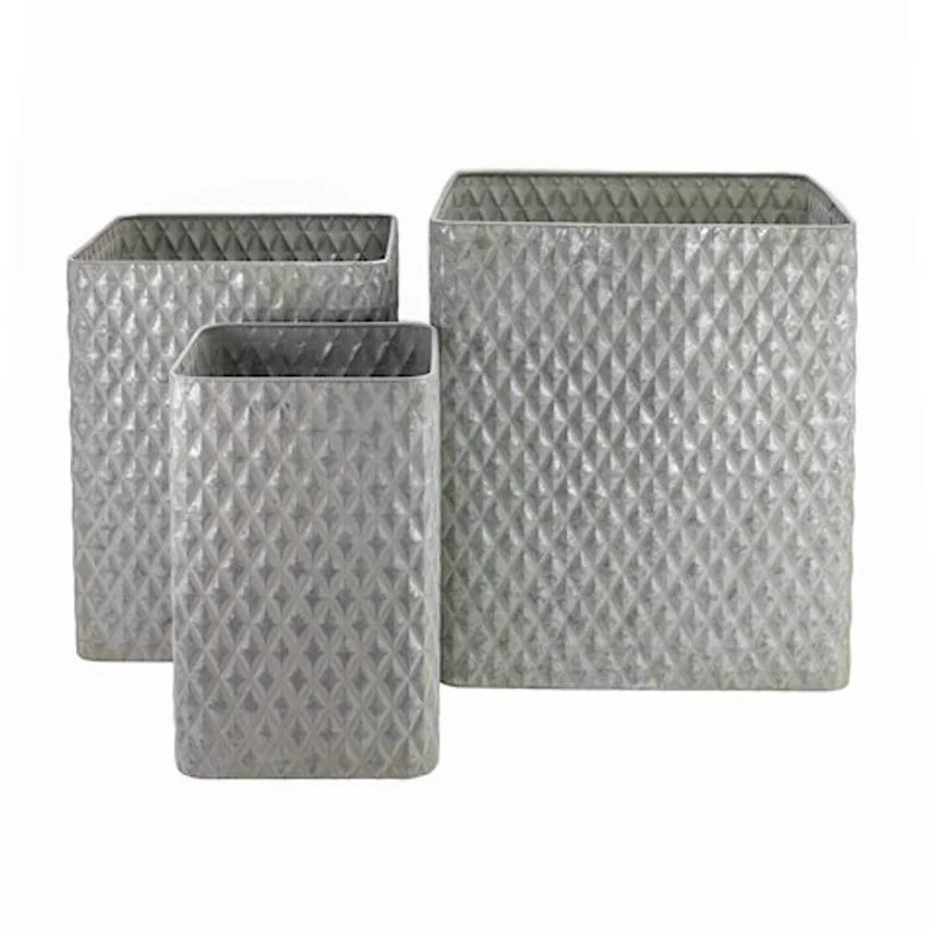 Square planters, antique galvanised - set of 3