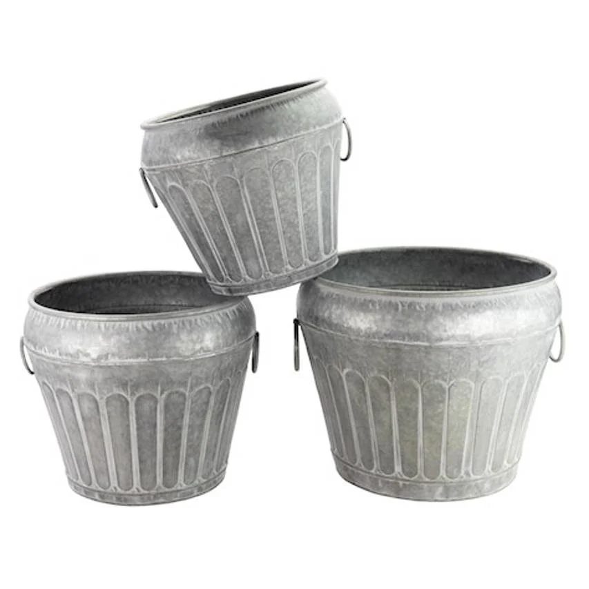 Urn planters, antique galvanised - set of 3